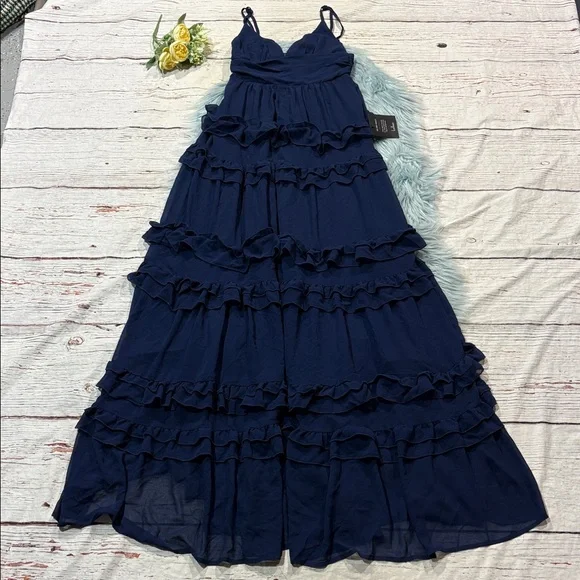 NWT Lulus Lavish Perfection Navy Blue Ruffled Tiered Maxi Dress